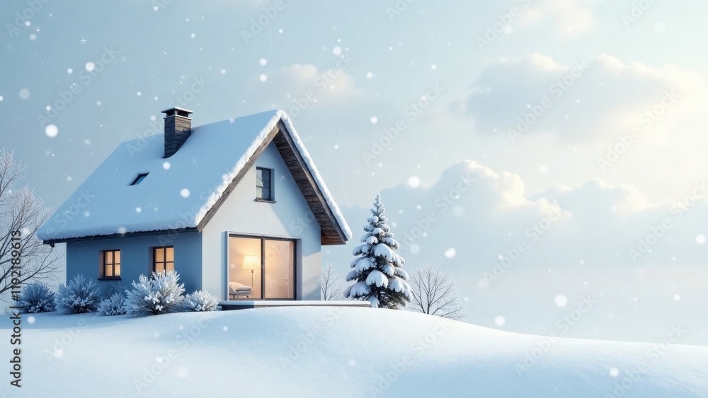 A Cozy Winter Escape Snow-Covered House with Illuminated Windows and a Snowy Evergreen Tree on a Gently Sloping Hill A Cozy Winter Escape Snow-Covered House with Illuminated Windows and a Snowy Evergreen Tree on a Gently Sloping Hill