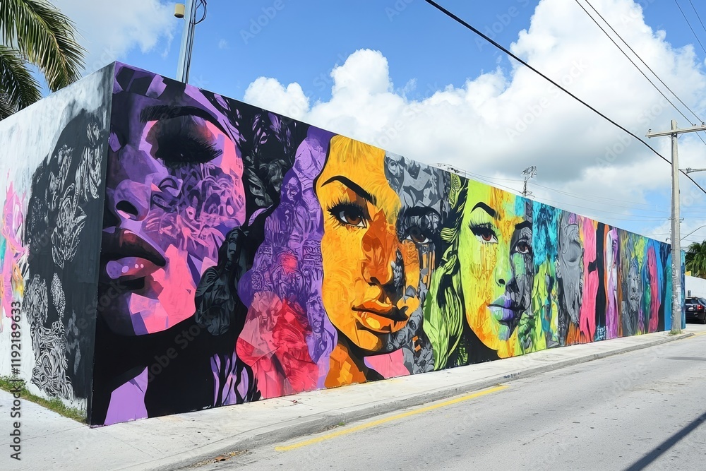 Fototapeta premium Vivid urban graffiti wall showcasing colorful murals and expressive street art in a city setting