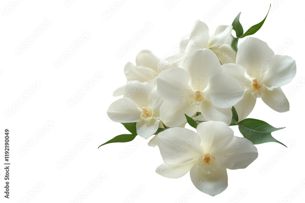 Naklejka premium Beautiful white orchids arranged elegantly with green leaves in a minimalist style for floral decoration or gifting purposes