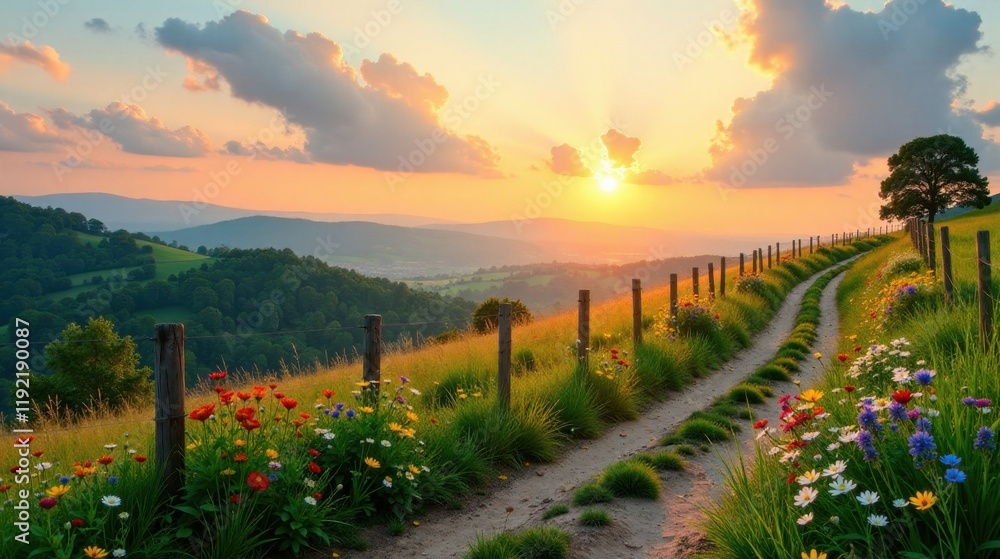 Naklejka premium Serene Sunset Vista A Picturesque Country Lane Winding Through Vibrant Wildflowers, Leading to a Golden Horizon Over Rolling Hills