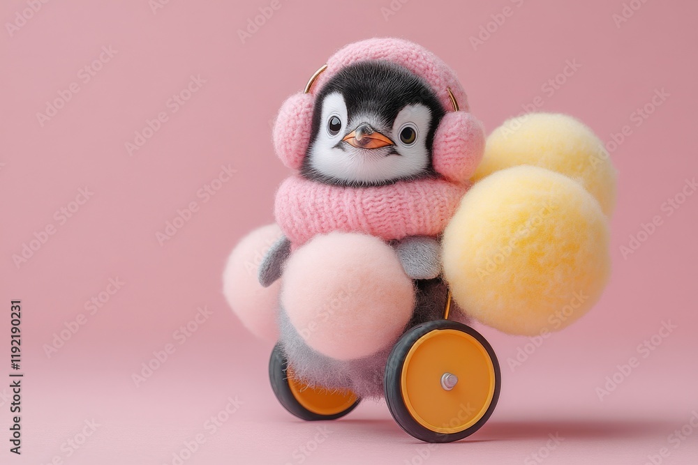 Adorable penguin chick in pink knitted hat and earmuffs, riding a tiny toy cart filled with pastel pom-poms on a pink background. Adorable penguin chick in pink knitted hat and earmuffs, riding a tiny toy cart filled with pastel pom-poms on a pink background.