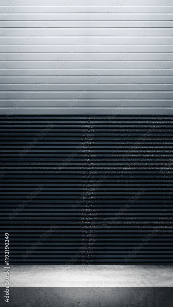 Wall with white shelf. Abstract pattern of horizontal ribbed lines and corrugated metal wall Wall with white shelf. Abstract pattern of horizontal ribbed lines and corrugated metal wall