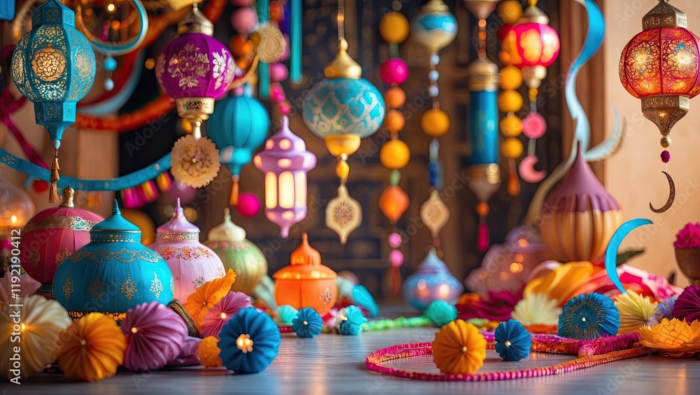 Fototapeta premium Ornate lanterns, colorful streamers, and delicate crescent moon and star Eid motifs 