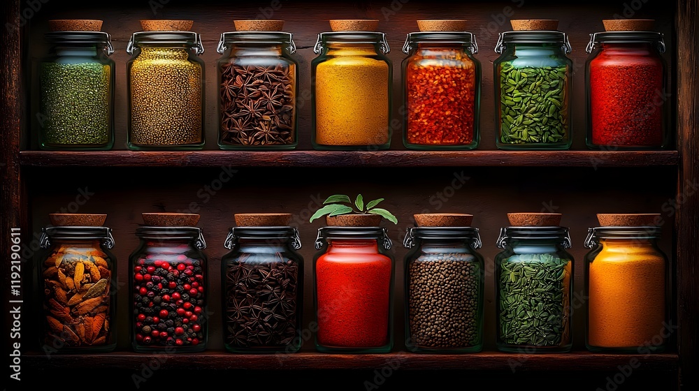 Shelves with Vibrant,Fragrant Spices in Rustic Apothecary-Style Kitchen