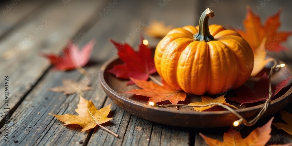 Autumnal Still Life A Small Pumpkin Nestled Among Vibrant Fall Leaves on Rustic Wooden Surface with Subtle String Lights Autumnal Still Life A Small Pumpkin Nestled Among Vibrant Fall Leaves on Rustic Wooden Surface with Subtle String Lights