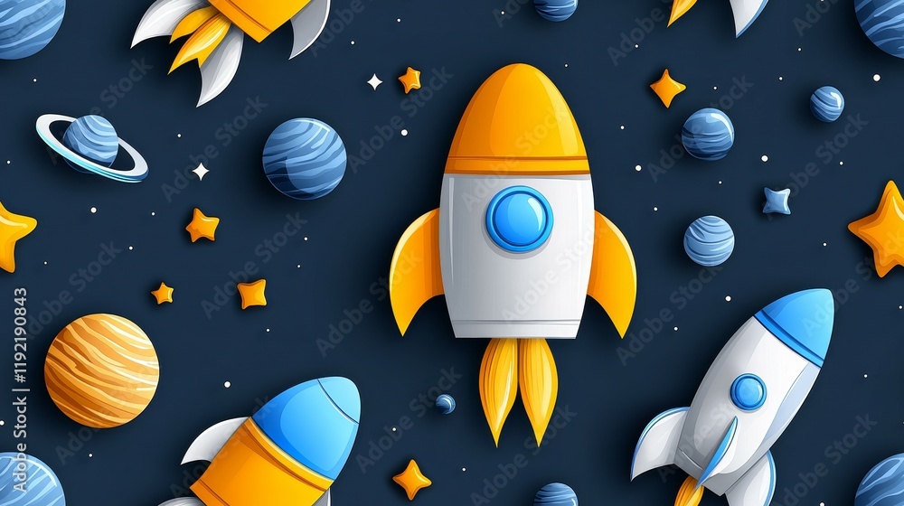 Naklejka premium cute rocket and space seamless concept. Colorful rockets in space surrounded by planets and stars in a whimsical design.