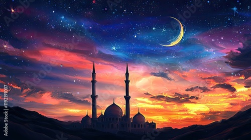 Night sky, crescent moon, mosque, desert, Ramadan photo