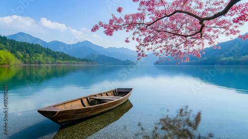 Beautiful spring scene with a pink blossom tree over a serene lake, featuring a wooden boat and mountains, capturing tranquil nature and idyllic photography.