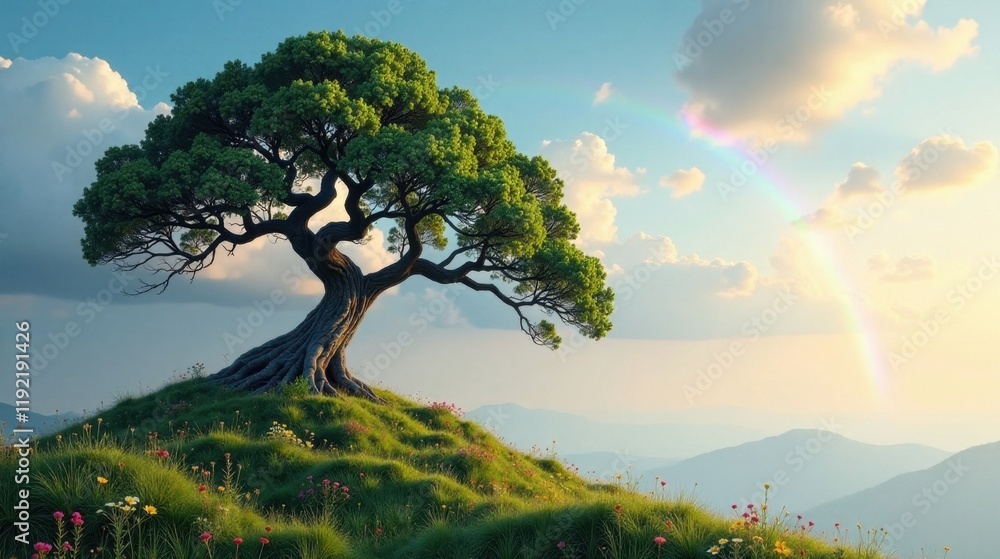 A majestic ancient tree stands solitary atop a verdant hill, bathed in the warm glow of a setting sun, a vibrant rainbow arcing gracefully across a tranquil sky. A majestic ancient tree stands solitary atop a verdant hill, bathed in the warm glow of a setting sun, a vibrant rainbow arcing gracefully across a tranquil sky.