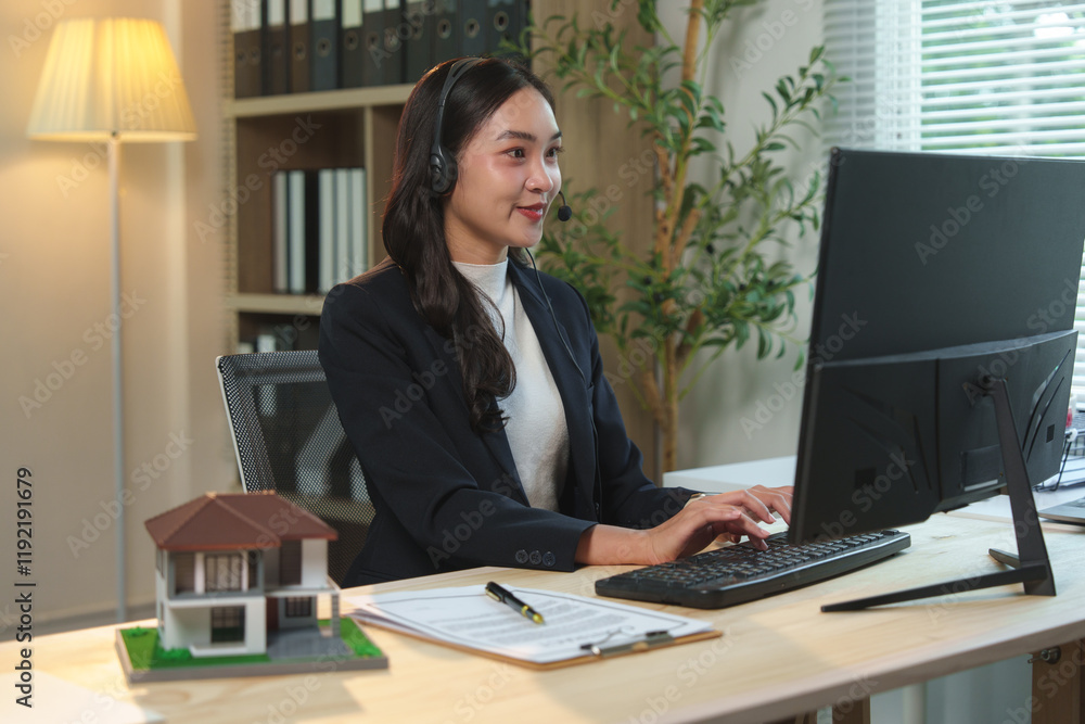 Asian real estate agent wearing headset and working on computer with house model and contract on desk in office, providing professional consultation and customer service Asian real estate agent wearing headset and working on computer with house model and contract on desk in office, providing professional consultation and customer service