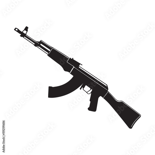 Silhouette of a classic assault rifle with a curved magazine, detailed vector illustration of a firearm, black and white weapon design for military and tactical themes