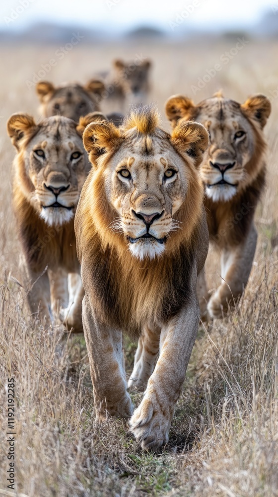 A pride of four majestic lions walking towards the camera in tall dry grass. A pride of four majestic lions walking towards the camera in tall dry grass.