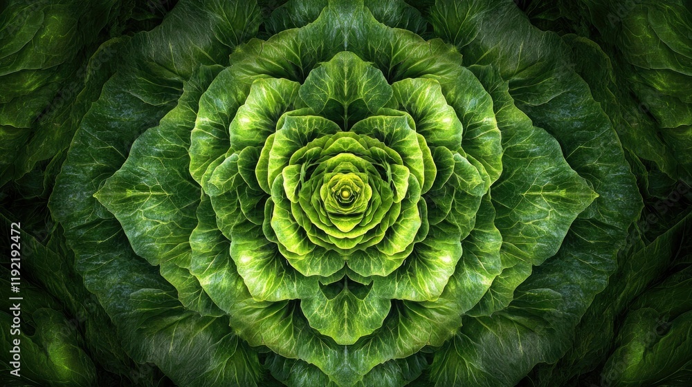 Obraz premium Stunning close-up of vibrant green leaves arranged in a mesmerizing symmetrical pattern, showcasing the intricate textures and details of natural foliage in a captivating design