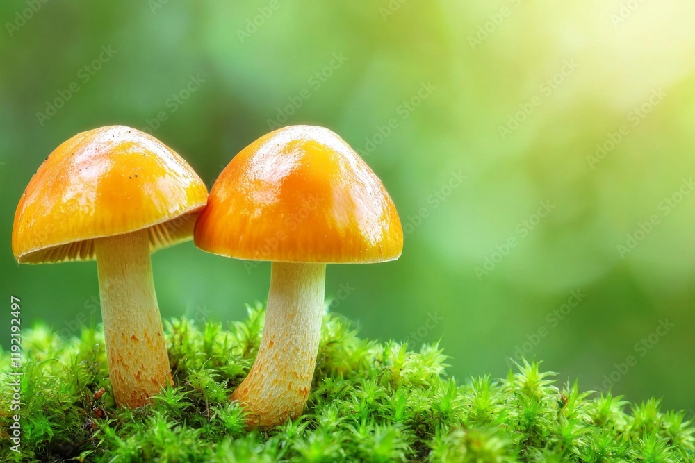 Two mushrooms growing on moss, with a green background Two mushrooms growing on moss, with a green background