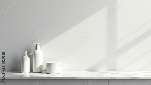 Clean Minimalist Bathroom Product Display on Marble Surface with Sunlight