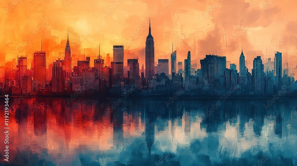 Fototapeta premium Vibrant city skyline at sunset with reflections.
