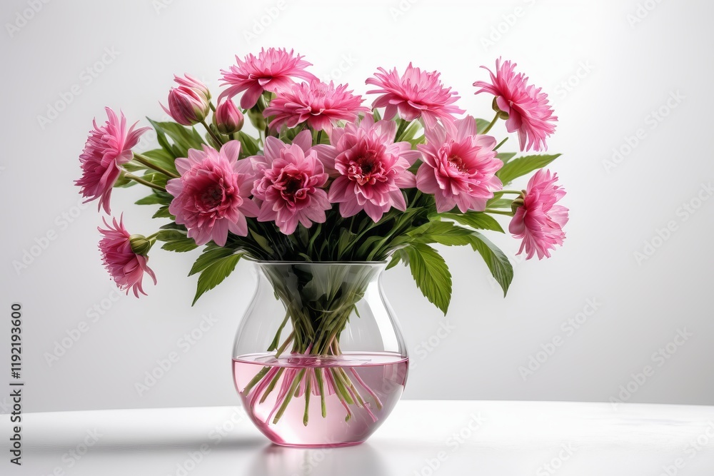 Pink chrysanthemum flowers in a glass vase with a beautiful bouquet arrangement on white background Pink chrysanthemum flowers in a glass vase with a beautiful bouquet arrangement on white background
