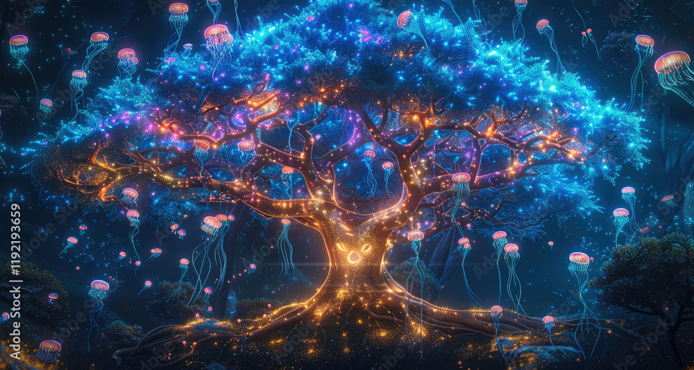 A magical of a massive glowing sacred tree with shimmering bioluminescent branches in vibrant, surrounded by ethereal floating jellyfish-like creatures radiating soft neon light. A magical of a massive glowing sacred tree with shimmering bioluminescent branches in vibrant, surrounded by ethereal floating jellyfish-like creatures radiating soft neon light.