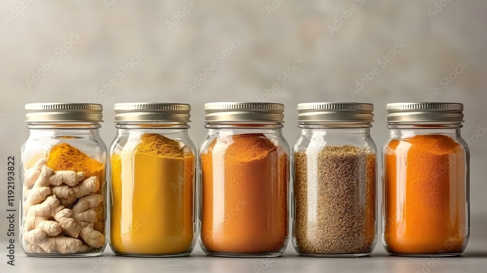Captivating Culinary Mosaic:A Minimalist Spice Arrangement in Glass Jars Captivating Culinary Mosaic:A Minimalist Spice Arrangement in Glass Jars