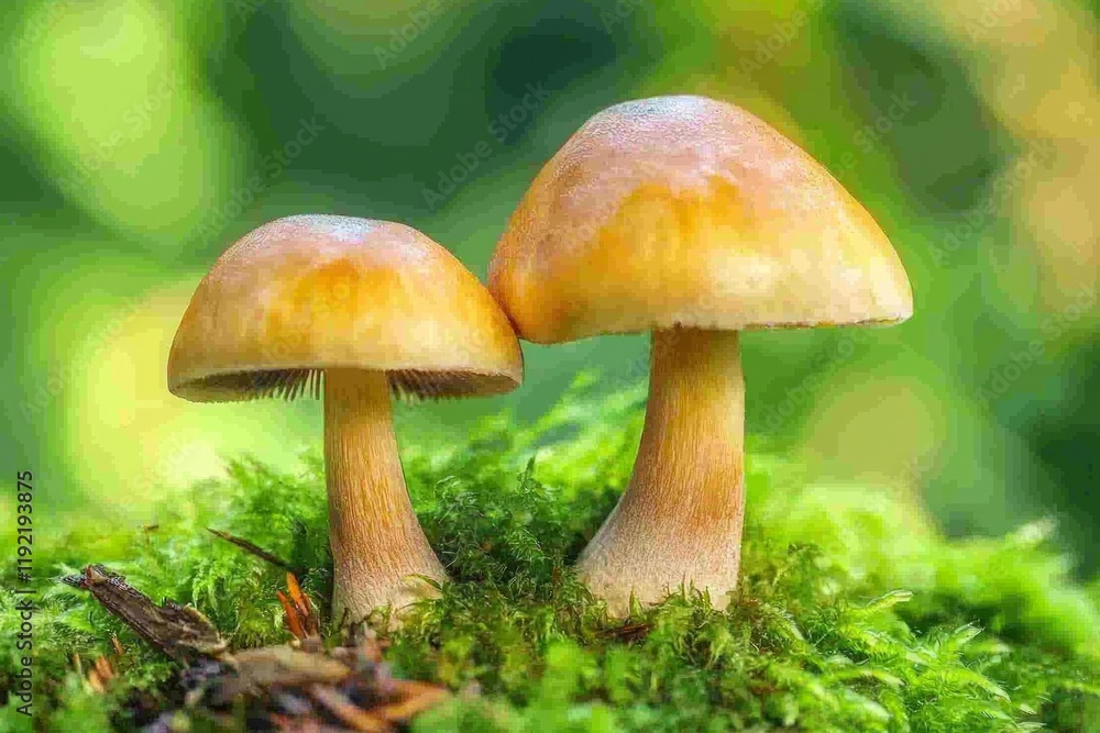 Two mushrooms growing on moss, with a green background Two mushrooms growing on moss, with a green background
