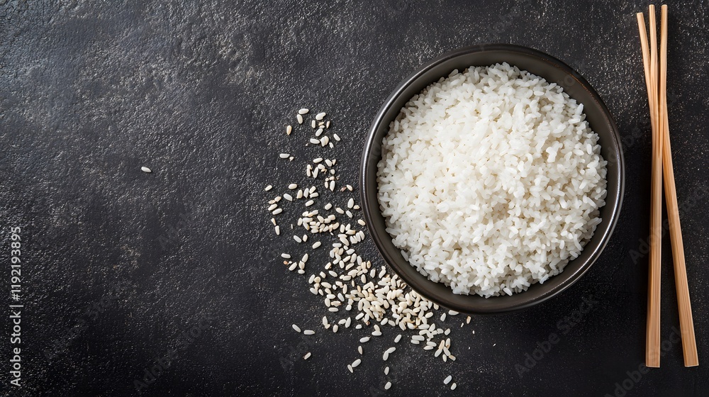 Bowl of Cooked White Rice with Chopsticks and Grains Bowl of Cooked White Rice with Chopsticks and Grains