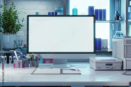 Doctor or Scientist Office Desk with Computer File Storage Test Tubes Clipboard and Printer