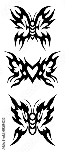 Tribal Butterfly tattoo design set, neo tribal wings tattoo element set