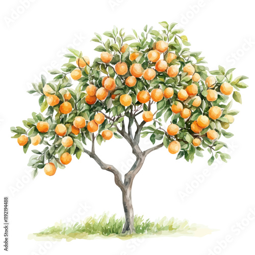 A watercolor painting of an apricot tree in bloom, isolated on a white background. Apricot tree vector.
