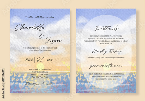 Set of Wedding Invitation with Watercolor Blue Sky and Floral Field Nature Landscape