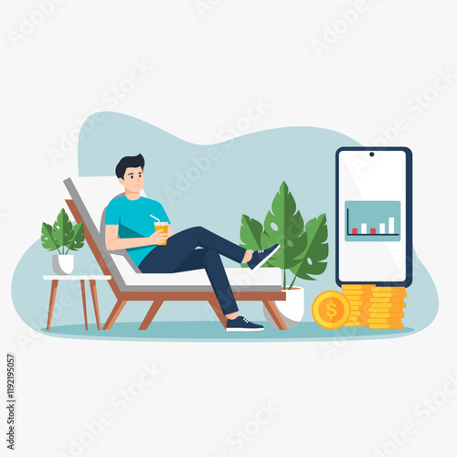 illustration online business men enjoying his money from his phone, financial freedom concept