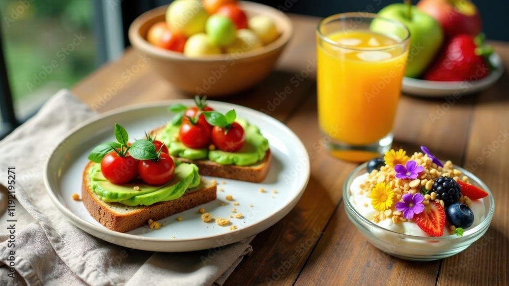 Avocado Toast with Cherry Tomatoes and Basil, Served with Yogurt Parfait and Orange Juice for a Healthy and Delicious Breakfast Avocado Toast with Cherry Tomatoes and Basil, Served with Yogurt Parfait and Orange Juice for a Healthy and Delicious Breakfast
