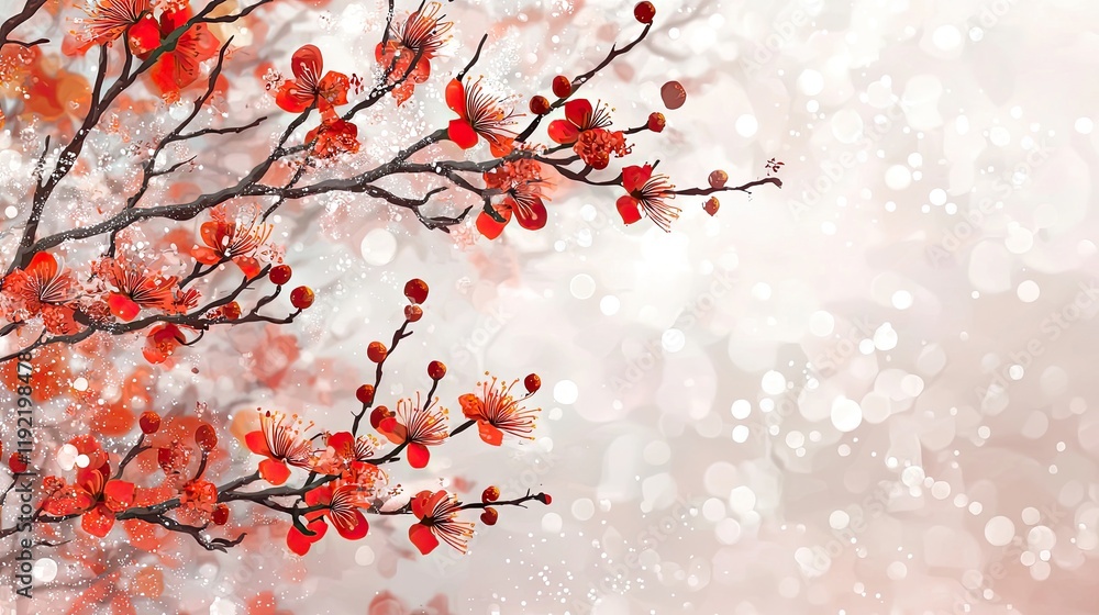 Red plum blossoms winter scene, snowy bokeh background; greeting card Red plum blossoms winter scene, snowy bokeh background; greeting card
