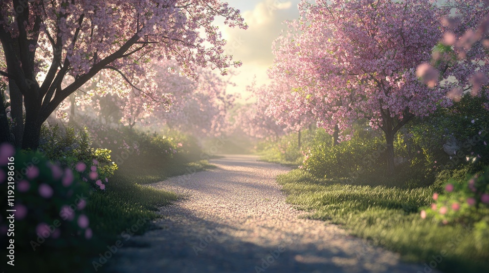 Serene Pathway Through Blooming Cherry Trees in a Peaceful Landscape with Soft Morning Light and Gentle Grass, Perfect for Nature and Relaxation Themes Serene Pathway Through Blooming Cherry Trees in a Peaceful Landscape with Soft Morning Light and Gentle Grass, Perfect for Nature and Relaxation Themes