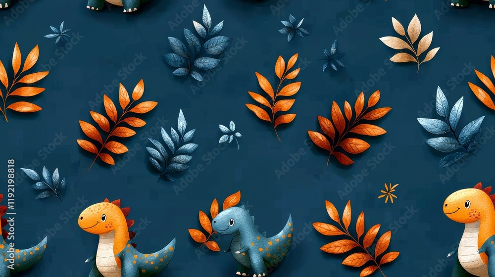 Naklejka premium cute rocket and space seamless concept. Colorful dinosaur patterns with leaves on a dark background create a whimsical atmosphere.