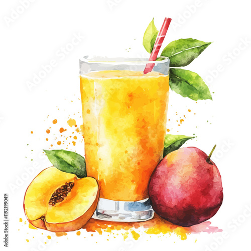 A watercolor vector of apple mango orange juice, with the fruit ingredients artistically arranged in the background, showing a tropical and refreshing vibe.
