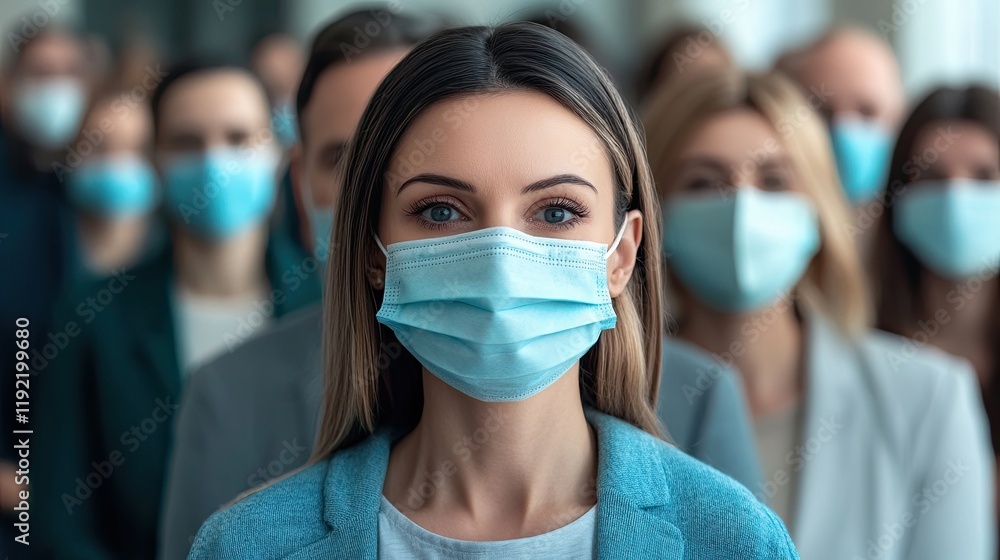 Group of people wearing masks in a public space during a health crisis or pandemic situation Group of people wearing masks in a public space during a health crisis or pandemic situation