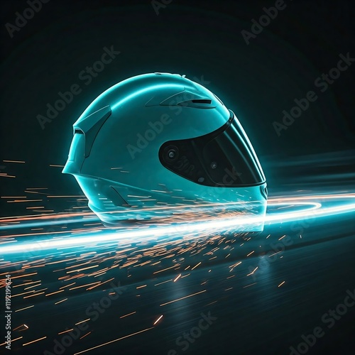 a luminous turquoise motorcycle helmet leaving a trail of light with every turn on a nighttime racetrack with sparks on it,Motorcycle Helmet, Racing Gear, Night Race, Speed, photo