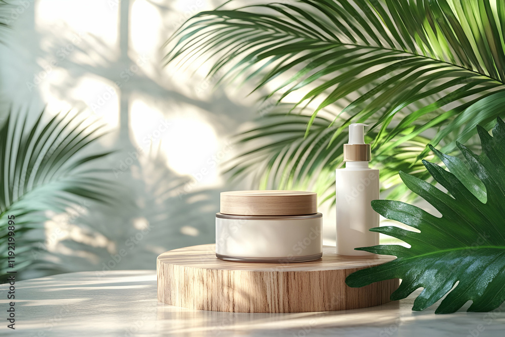 Obraz premium Tropical skincare products on wood, sunlit