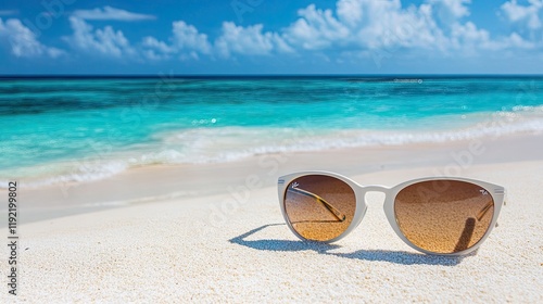 A close-up of a pair of stylish sunglasses on a sandy beach with turquoise water in the background, symbolizing summer, travel, and outdoor lifestyle, perfect for vacation and fashion content