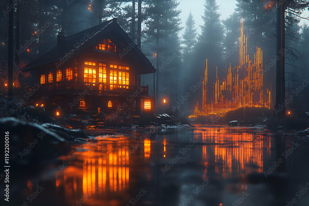 Fototapeta premium Cozy cabin, mystical forest, river reflection, fantasy city