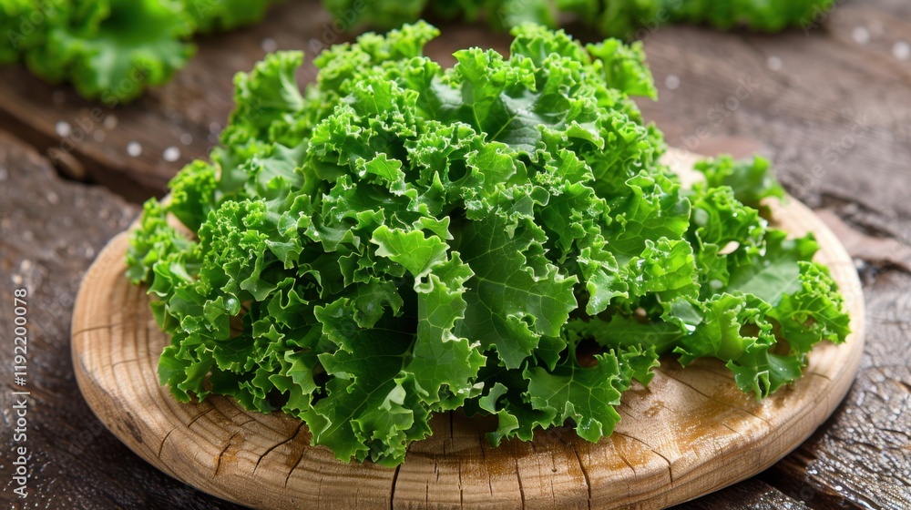 Fresh green kale leaves arranged on wooden plate, showcasing their vibrant color and texture, perfect for healthy meals and salads Fresh green kale leaves arranged on wooden plate, showcasing their vibrant color and texture, perfect for healthy meals and salads