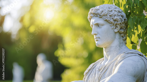 Ancient Greek statue in sunlight, showcasing intricate details and serene expression. symbol of classical art and history