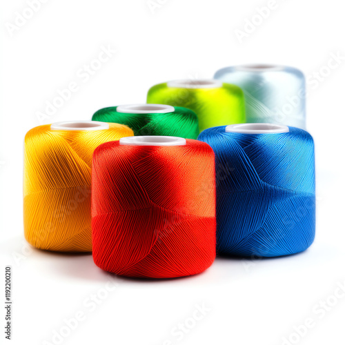 A vibrant collection of colorful spools of sewing thread, perfect for crafting, quilting, and DIY projects. photo