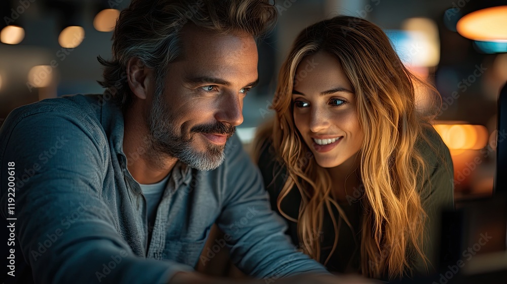 Fototapeta premium Couples enjoy a late-night conversation while working on a digital project in a cozy cafe atmosphere