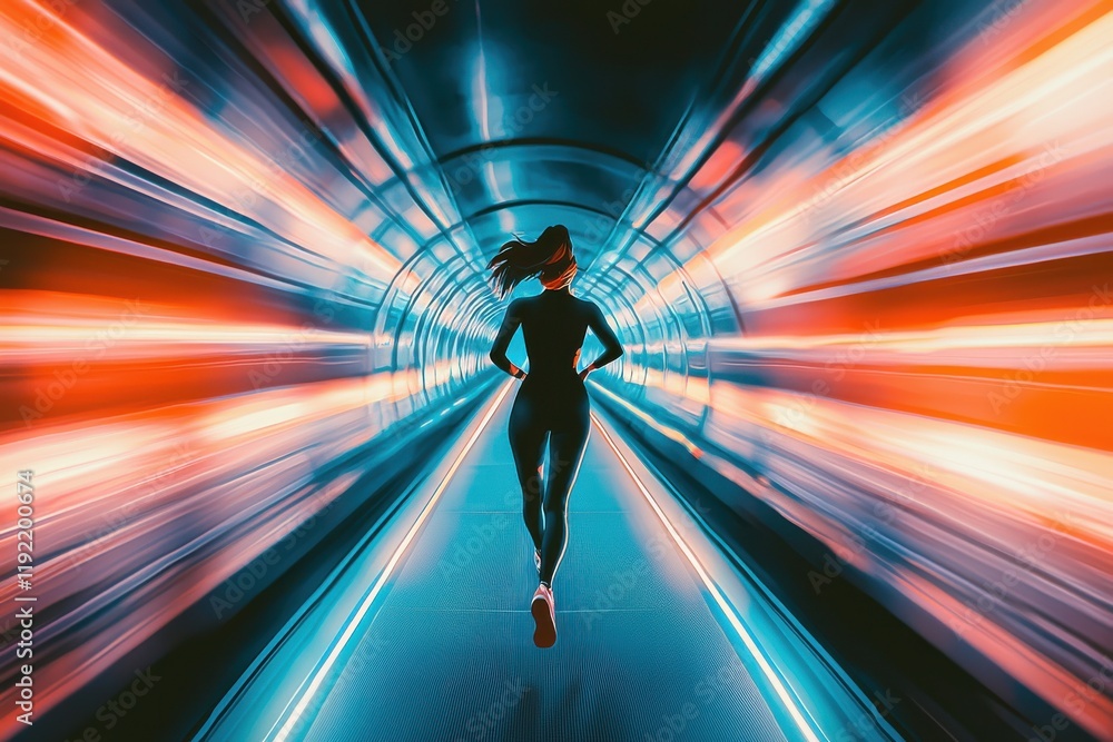 Woman Running in Futuristic Tunnel with Motion Blur Effect Captures Speed and Determination Woman Running in Futuristic Tunnel with Motion Blur Effect Captures Speed and Determination