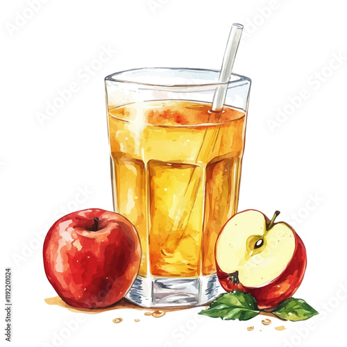 A watercolor painting of a glass of apple juice with a slice of apple on the rim, isolated on a white background. Apple juice vector.
