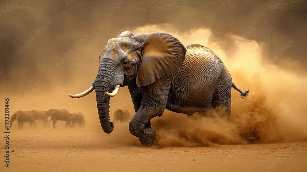 Fototapeta premium Large elephant charging through dust with herd in background on a sunny day in the savannah