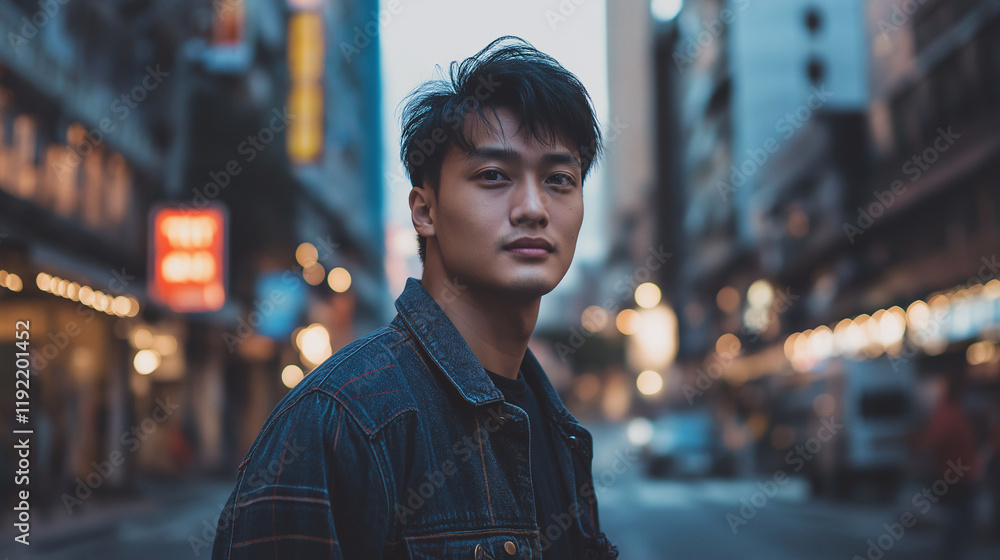 Fototapeta premium Young Asian man in urban night setting for lifestyle and city content