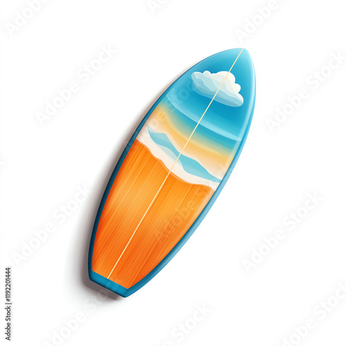 A vibrant surfboard featuring a scenic ocean design, perfect for summer activities and water sports enthusiasts. photo