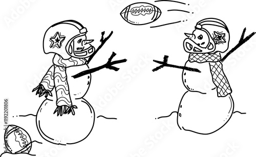 Hand-drawn snowmen playing football vector doodle. Two snowmen playing catch in the snow. Fun winter scene for football fans. 